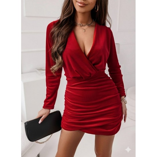 Kadın Uzun Kollu Kruvaze Yaka Yandan Büzgülü Mini Ithal Krep Elbise, 30333