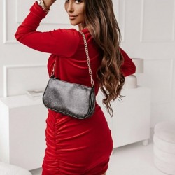 Kadın Uzun Kollu Kruvaze Yaka Yandan Büzgülü Mini Ithal Krep Elbise, 30333