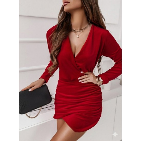 Kadın Uzun Kollu Kruvaze Yaka Yandan Büzgülü Mini Ithal Krep Elbise, 30333