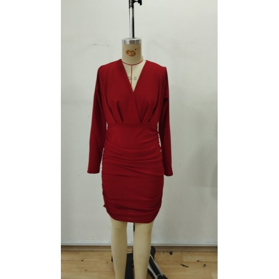 Kadın Uzun Kollu Kruvaze Yaka Yandan Büzgülü Mini Ithal Krep Elbise, 30333