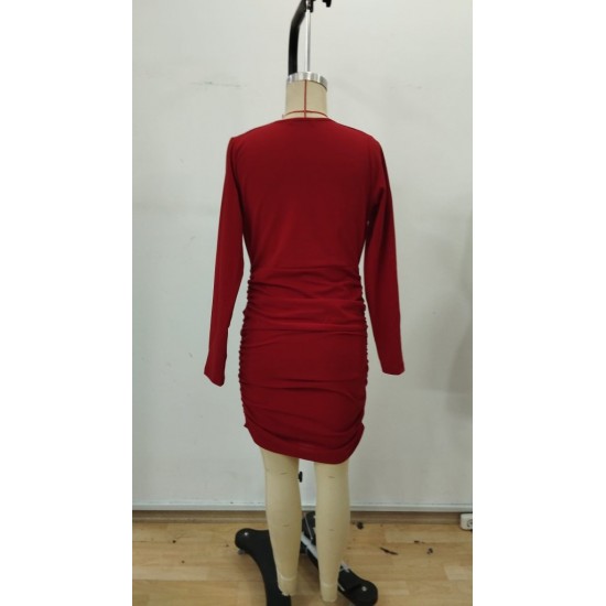 Kadın Uzun Kollu Kruvaze Yaka Yandan Büzgülü Mini Ithal Krep Elbise, 30333