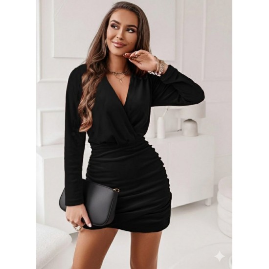 Kadın Uzun Kollu Kruvaze Yaka Yandan Büzgülü Mini Ithal Krep Elbise , 30332