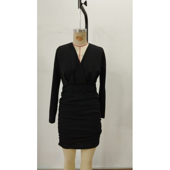 Kadın Uzun Kollu Kruvaze Yaka Yandan Büzgülü Mini Ithal Krep Elbise , 30332