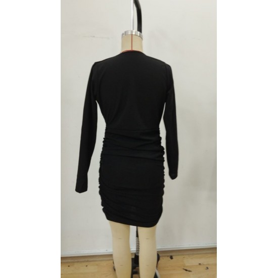 Kadın Uzun Kollu Kruvaze Yaka Yandan Büzgülü Mini Ithal Krep Elbise , 30332