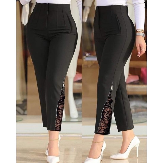 Kadın Yüksek Bel önden Nervürlü Ve Fermuarlı Yandan Dantelli Ithal Krep Pantolon , 30341