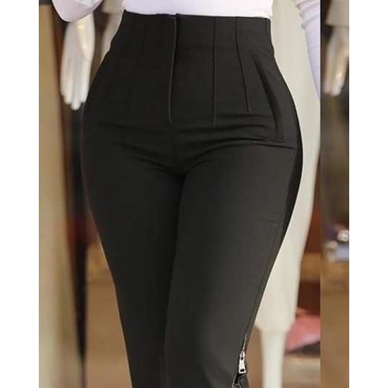 Kadın Yüksek Bel önden Nervürlü Ve Fermuarlı Yandan Dantelli Ithal Krep Pantolon , 30341