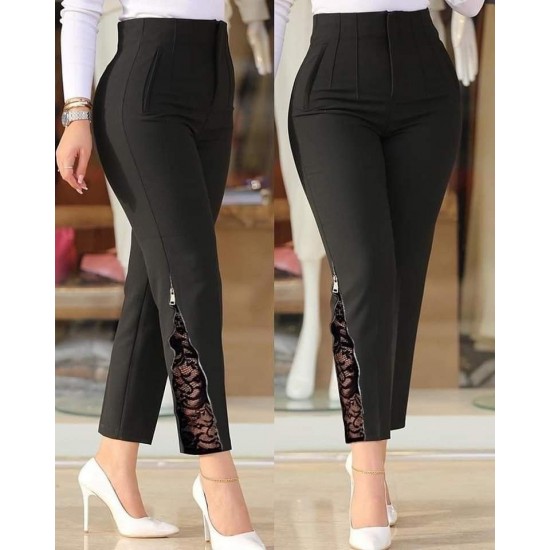 Kadın Yüksek Bel önden Nervürlü Ve Fermuarlı Yandan Dantelli Ithal Krep Pantolon , 30341