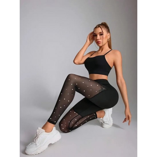 Kadın Yüksek Bel Asimetrik Kesim Detaylı Taşlı Tüllü Spor Dalgıç Tayt, 30356