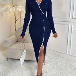 Kadın Uzun Kollu Yakalı Cepli Düğmeli Yırtmaç Detaylı Modal Uzun Elbise , 30355