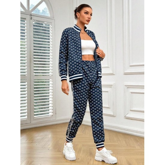 Kadın Uzun Kollu önden Fermuarlı Desenli Iki Iplik Bluz Ve Pantolon Ikili Takım , 30353