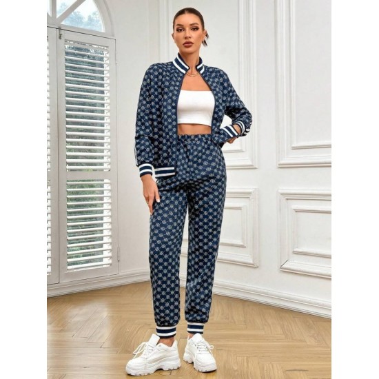 Kadın Uzun Kollu önden Fermuarlı Desenli Iki Iplik Bluz Ve Pantolon Ikili Takım , 30353