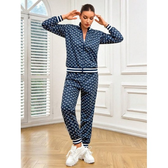 Kadın Uzun Kollu önden Fermuarlı Desenli Iki Iplik Bluz Ve Pantolon Ikili Takım , 30353