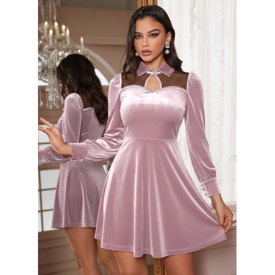 Kadın Uzun Kollu Yakalı Tül Detaylı Incili Mini Kadife Elbise , 30349