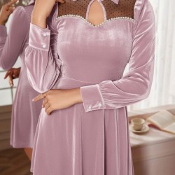 Kadın Uzun Kollu Yakalı Tül Detaylı Incili Mini Kadife Elbise , 30349