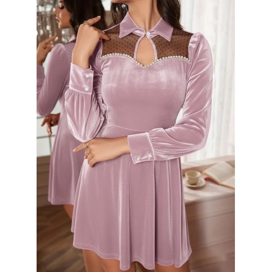 Kadın Uzun Kollu Yakalı Tül Detaylı Incili Mini Kadife Elbise , 30349