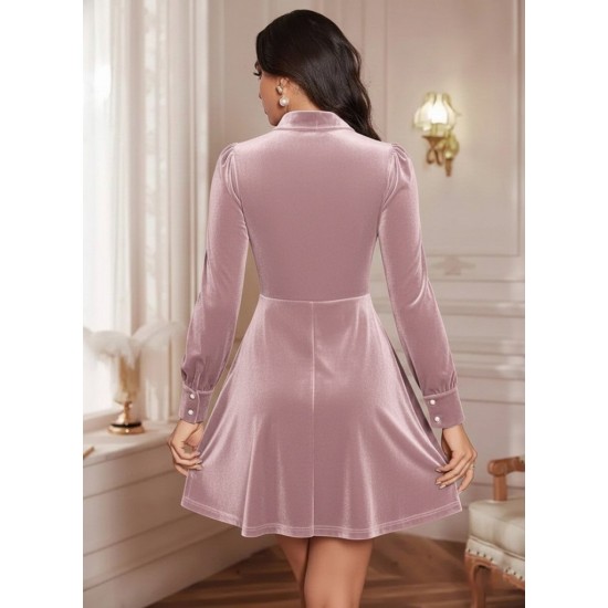 Kadın Uzun Kollu Yakalı Tül Detaylı Incili Mini Kadife Elbise , 30349