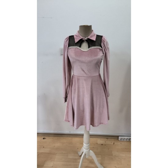 Kadın Uzun Kollu Yakalı Tül Detaylı Incili Mini Kadife Elbise , 30349