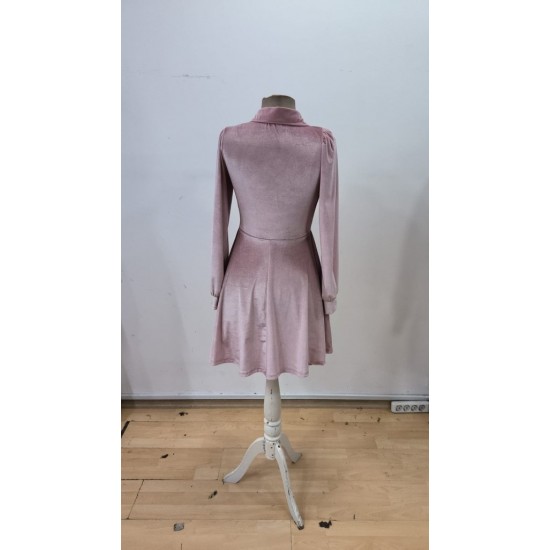 Kadın Uzun Kollu Yakalı Tül Detaylı Incili Mini Kadife Elbise , 30349