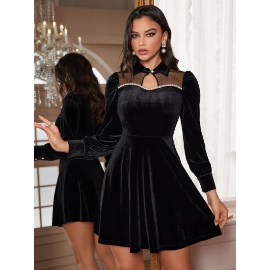Kadın Uzun Kollu Yakalı Tül Detaylı Incili Mini Kadife Elbise , 30347