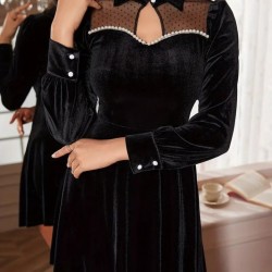 Kadın Uzun Kollu Yakalı Tül Detaylı Incili Mini Kadife Elbise , 30347