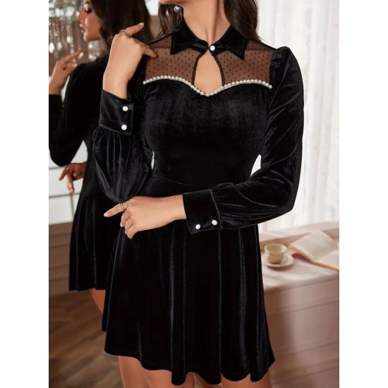 Kadın Uzun Kollu Yakalı Tül Detaylı Incili Mini Kadife Elbise , 30347