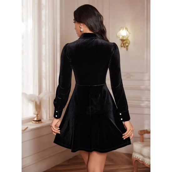 Kadın Uzun Kollu Yakalı Tül Detaylı Incili Mini Kadife Elbise , 30347