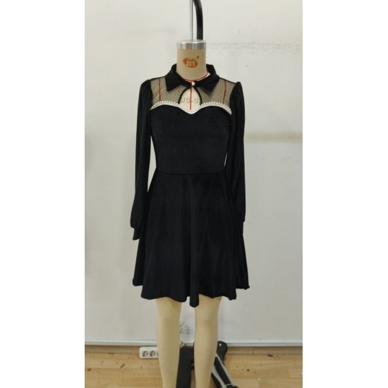 Kadın Uzun Kollu Yakalı Tül Detaylı Incili Mini Kadife Elbise , 30347