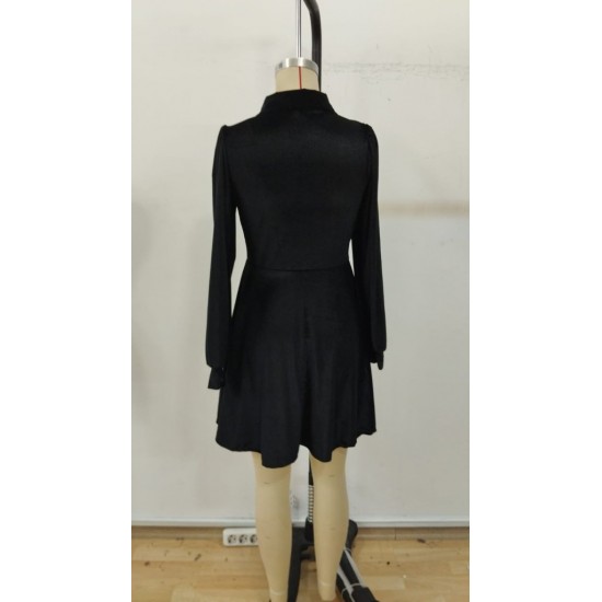 Kadın Uzun Kollu Yakalı Tül Detaylı Incili Mini Kadife Elbise , 30347