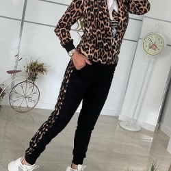 Kadın Uzun Kollu önden Fermuarlı Leopar Desen Detaylı Viskon Iki Iplik Bluz Ve Pantolon Ikili Takım , 30363