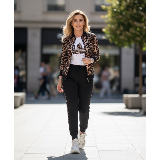 Kadın Uzun Kollu önden Fermuarlı Leopar Desen Detaylı Viskon Iki Iplik Bluz Ve Pantolon Ikili Takım , 30363