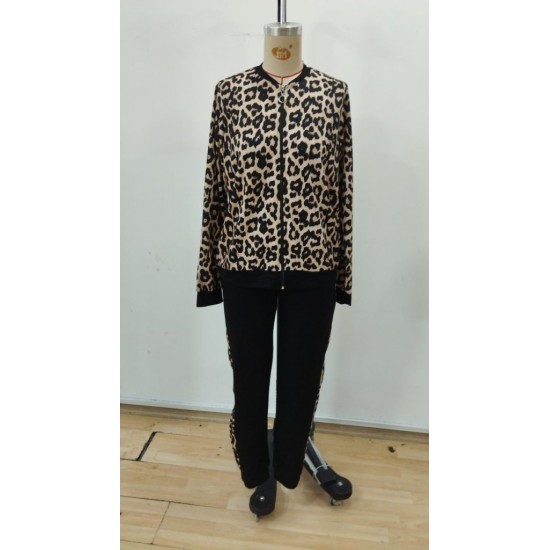 Kadın Uzun Kollu önden Fermuarlı Leopar Desen Detaylı Viskon Iki Iplik Bluz Ve Pantolon Ikili Takım , 30363