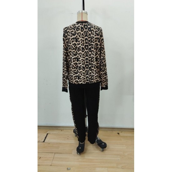 Kadın Uzun Kollu önden Fermuarlı Leopar Desen Detaylı Viskon Iki Iplik Bluz Ve Pantolon Ikili Takım , 30363