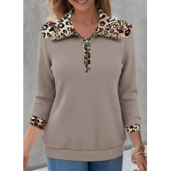 Kadın Uzun Kollu Leopar Yakalı Fermuarlı Waffle Bluz , 30367