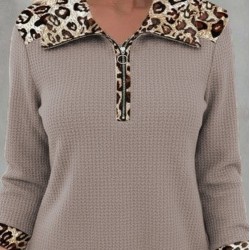 Kadın Uzun Kollu Leopar Yakalı Fermuarlı Waffle Bluz , 30367