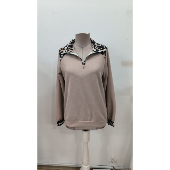 Kadın Uzun Kollu Leopar Yakalı Fermuarlı Waffle Bluz , 30367