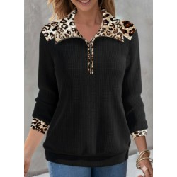 Kadın Uzun Kollu Leopar Yakalı Fermuarlı Waffle Bluz , 30366