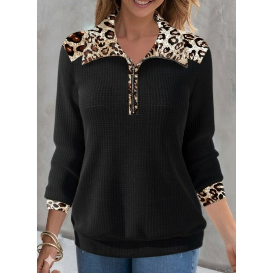 Kadın Uzun Kollu Leopar Yakalı Fermuarlı Waffle Bluz , 30366