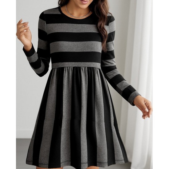 Kadın Uzun Kollu Bisiklet Yaka çizgili Desen Detaylı Süprem Mini Elbise , 30368