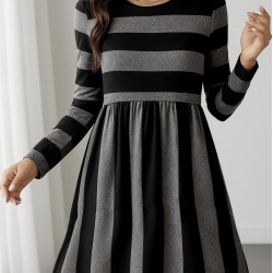 Kadın Uzun Kollu Bisiklet Yaka çizgili Desen Detaylı Süprem Mini Elbise , 30368