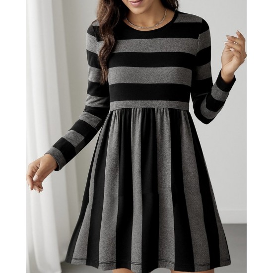 Kadın Uzun Kollu Bisiklet Yaka çizgili Desen Detaylı Süprem Mini Elbise , 30368