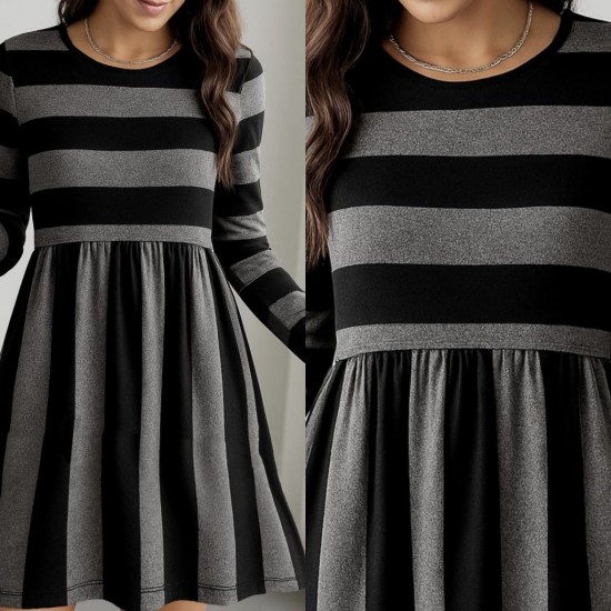 Kadın Uzun Kollu Bisiklet Yaka çizgili Desen Detaylı Süprem Mini Elbise , 30368