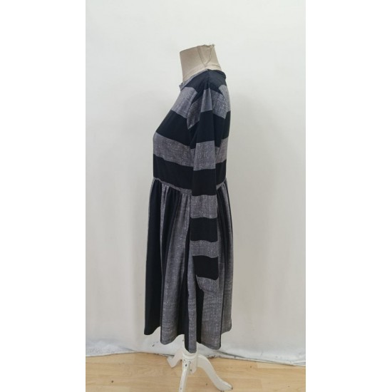 Kadın Uzun Kollu Bisiklet Yaka çizgili Desen Detaylı Süprem Mini Elbise , 30368