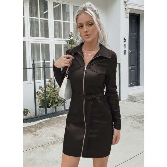 Kadın Uzun Kollu Yakalı Cepli önü Fermuarlı Koyu Kahve Mini Deri Elbise , 30370