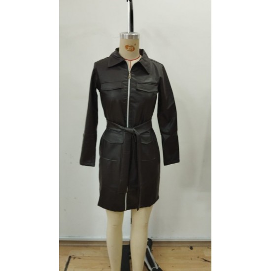 Kadın Uzun Kollu Yakalı Cepli önü Fermuarlı Koyu Kahve Mini Deri Elbise , 30370