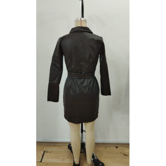 Kadın Uzun Kollu Yakalı Cepli önü Fermuarlı Koyu Kahve Mini Deri Elbise , 30370