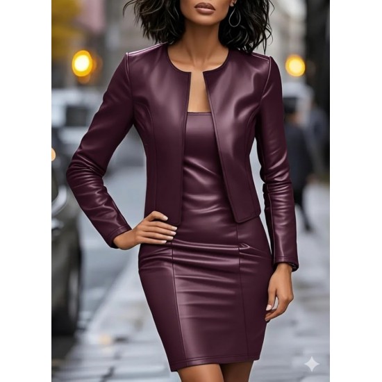 Kadın Uzun Kollu önü Açık Deri Ceket Ve Askılı Yuvarlak Yakalı Mini Elbise Ikili Takım, 30384