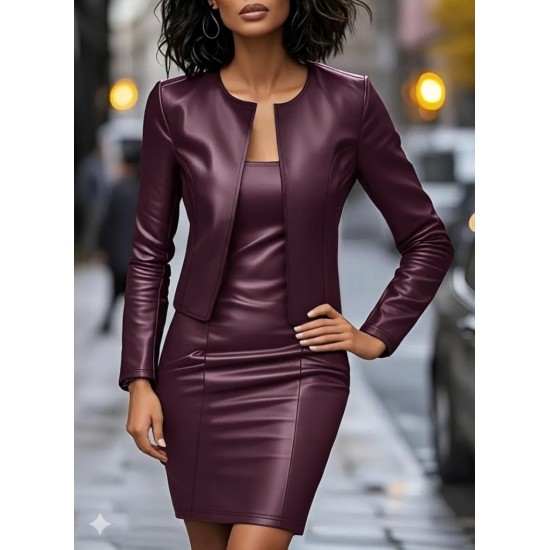 Kadın Uzun Kollu önü Açık Deri Ceket Ve Askılı Yuvarlak Yakalı Mini Elbise Ikili Takım, 30384