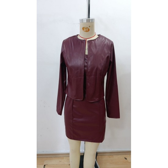 Kadın Uzun Kollu önü Açık Deri Ceket Ve Askılı Yuvarlak Yakalı Mini Elbise Ikili Takım, 30384