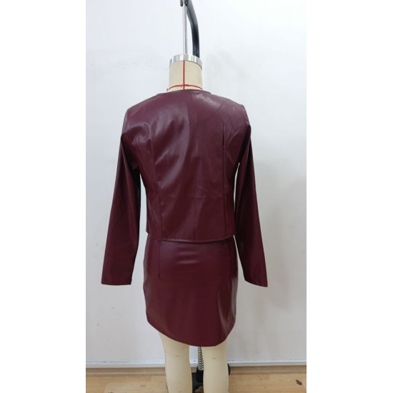 Kadın Uzun Kollu önü Açık Deri Ceket Ve Askılı Yuvarlak Yakalı Mini Elbise Ikili Takım, 30384