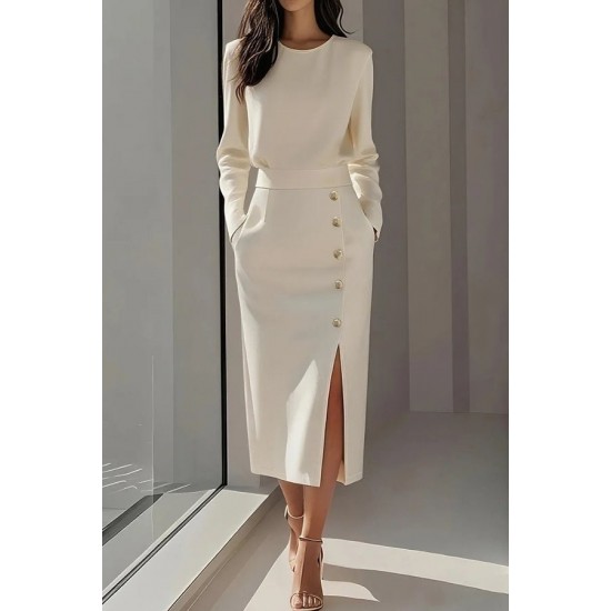 Kadın Uzun Kollu Bisiklet Yakalı Yandan Yırtmaçlı Düğmeli Midi Ithal Krep Elbise , 30394 Kadın Uzun Kollu Bisiklet Yakalı Yandan Yırtmaçlı Düğmeli Midi Ithal Krep Elbise , 30394